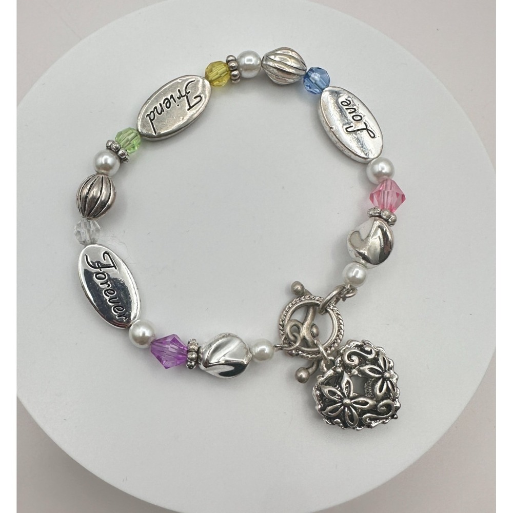 Vintage 90s Silver Tone Beaded Engraved Heart Charm Bracelet Women's Jewelry